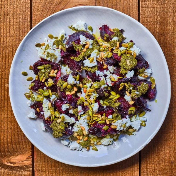 Smashed Roasted Beetroots with Zhoug, Feta and Toasted Pine Nuts and Seeds