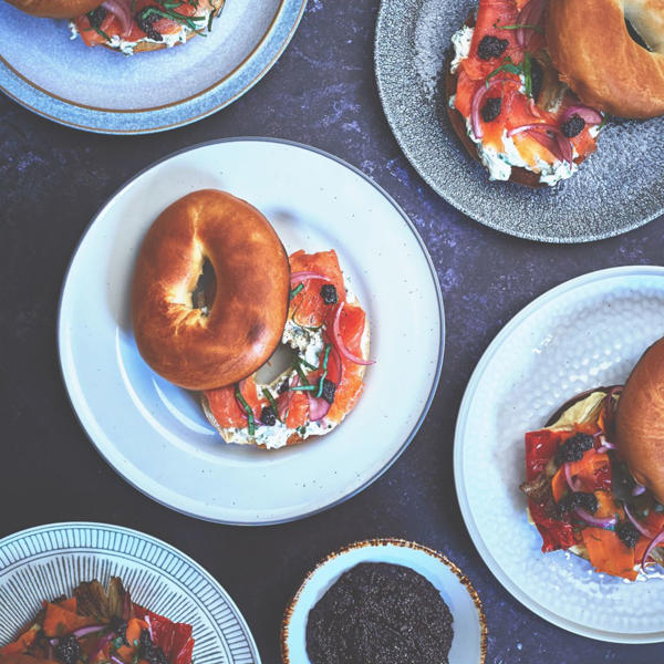 Smoked Salmon and Herbed Cream Cheese Bagels with Grape Must Mustard