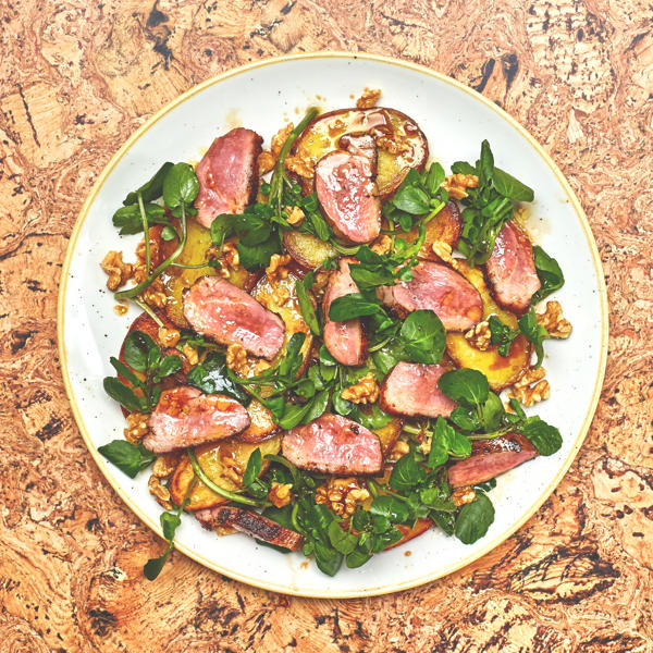 Spiced Duck Breast with Potatoes, Watercress, Walnuts & Fig Leaf Vinegar