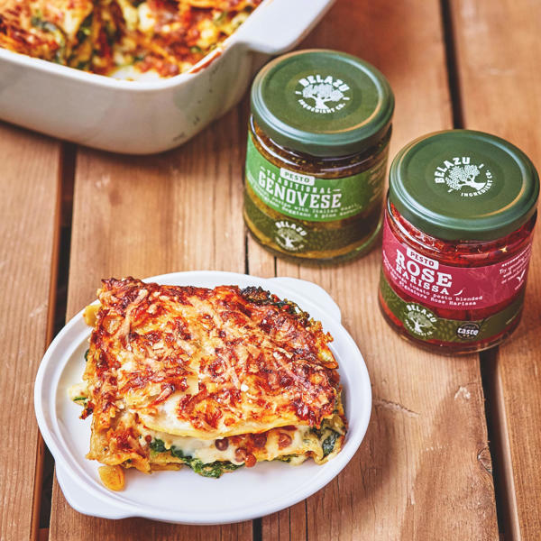 Spinach and ricotta lasagne with Genovese and Rose Harissa Pesto