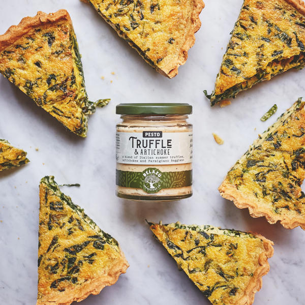 Spinach and wild garlic quiche with Truffle and Artichoke Pesto