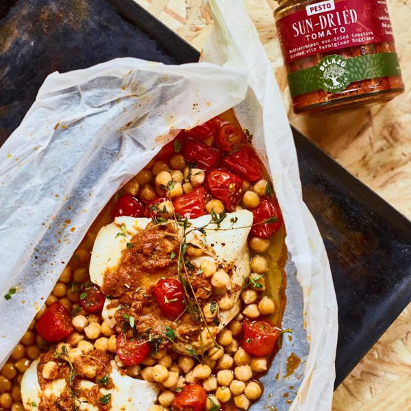 Steamed Cod with Sun Dried Tomato Pesto, Chickpeas & Cherry Tomatoes