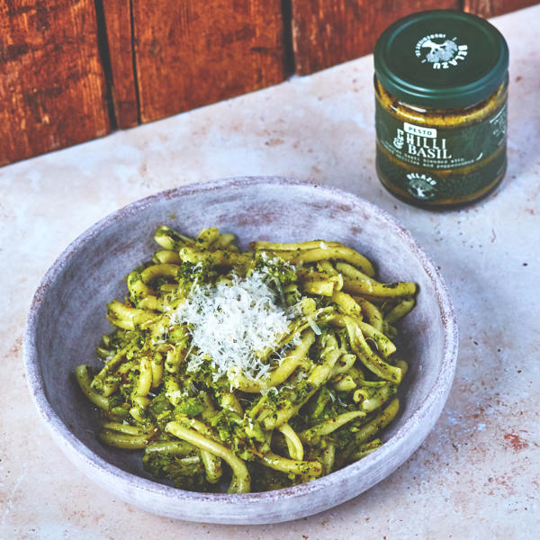 Strozzapreti with Broccoli and Chilli and Basil Pesto   Print