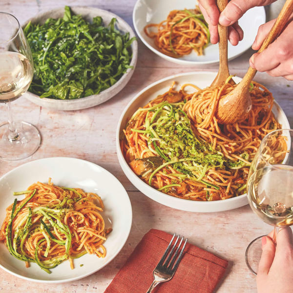 Summer courgette pasta with Cured Lemon Paste and a parsley pangrattato