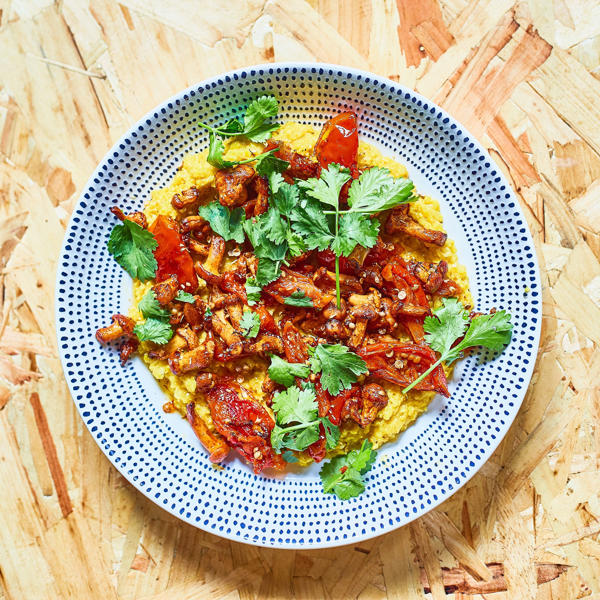 Sweetcorn puree, girolles, Smokey Semi Dried Tomatoes and Coriander