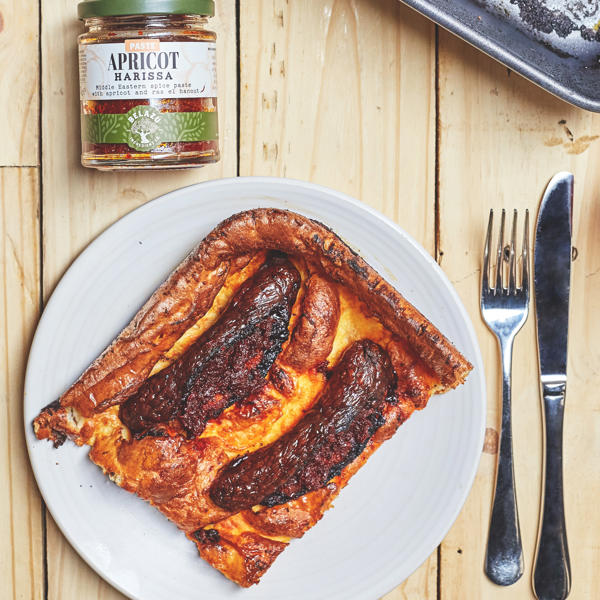 Toad in the Hole with Apricot Harissa stuffed sausages