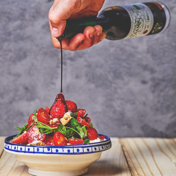 Tomato & Strawberry Salad with Balsamic Vinegar & Ricotta Salata Cheese