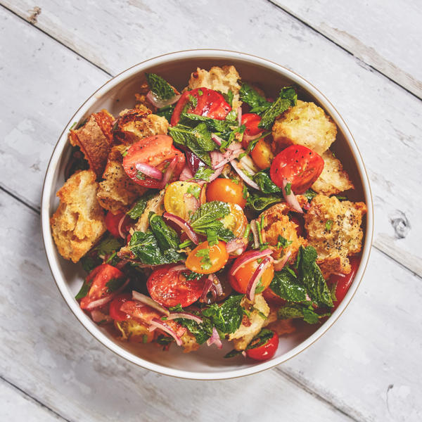 Tomato, red onion, Basil Vinegar, parmesan and toasted bread salad