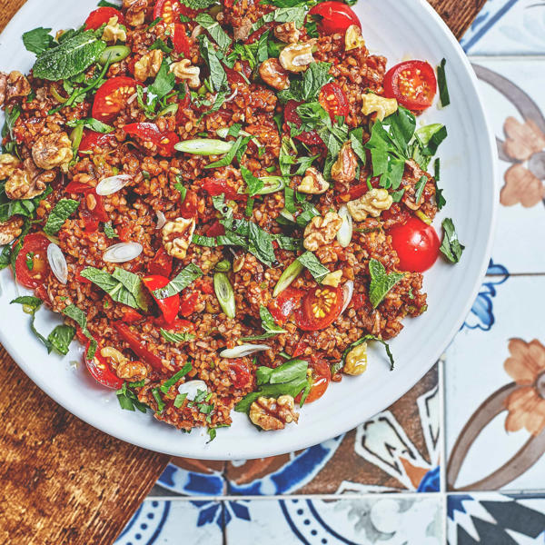 Turkish bulgur wheat salad with Rose Harissa Pesto and tomatoes