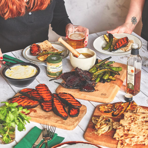 Whole roasted beetroot, sweet potatoes, courgette, and shallots with a Sherry Vinegar and Cornicabra Olive Oil dressing with whipped cured lemon feta and flatbreads