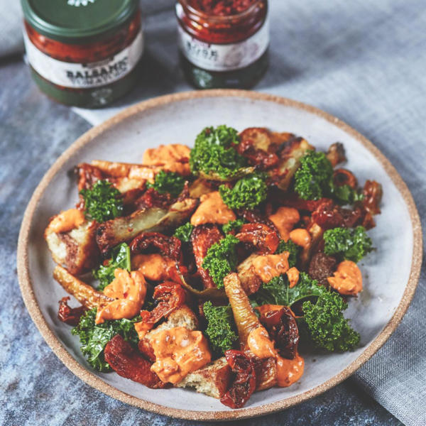 Winter Vegetable Bread Salad with Balsamic Tomatoes and Rose Harissa Yoghurt