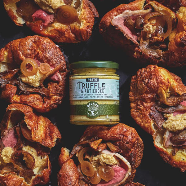 Yorkshire Puddings stuffed with Truffle & Artichoke Pesto and Balsamic Onions