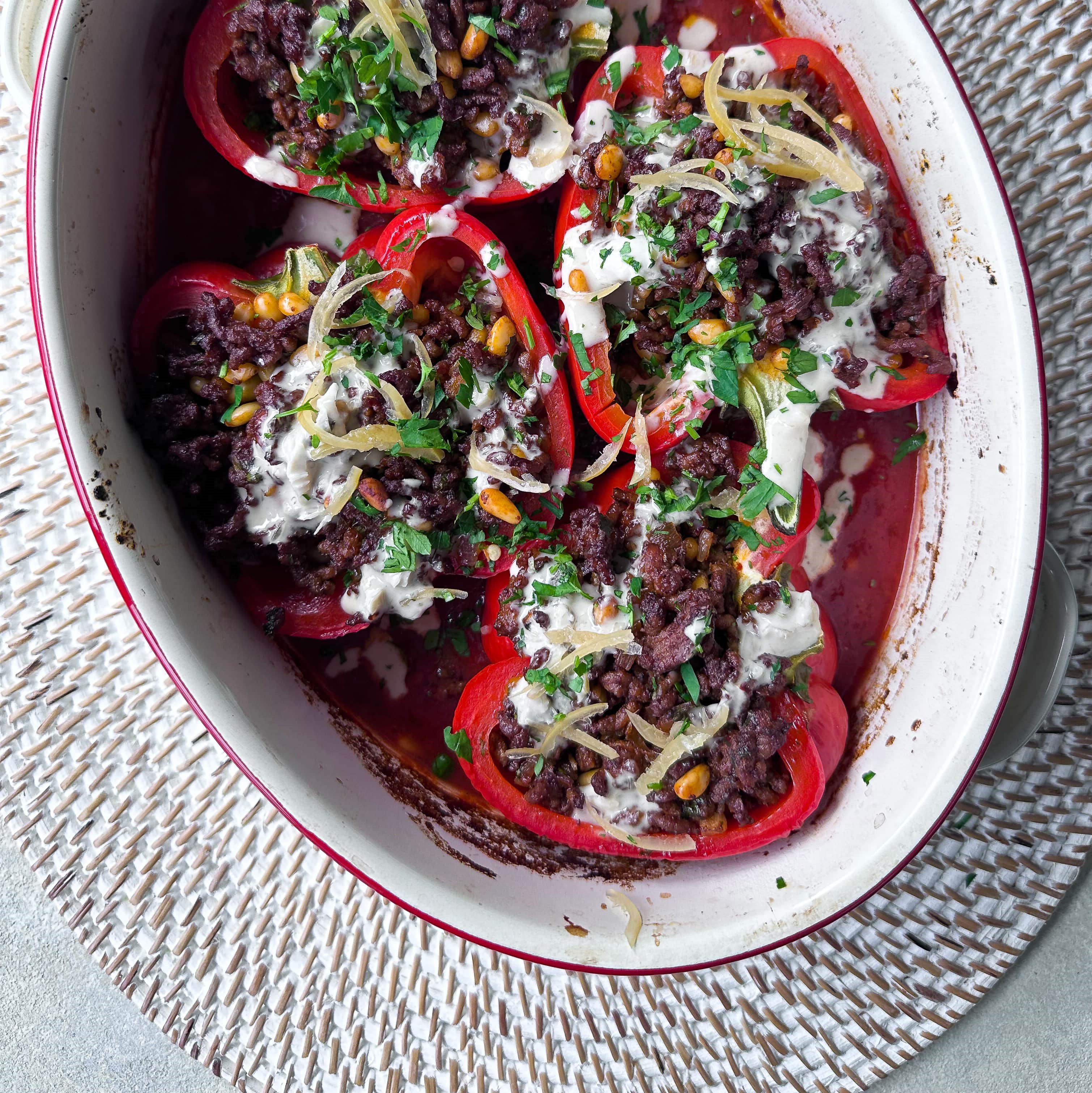 LAMB STUFFED PEPPERS WITH APRICOT HARISSA AND TAHINI SAUCE