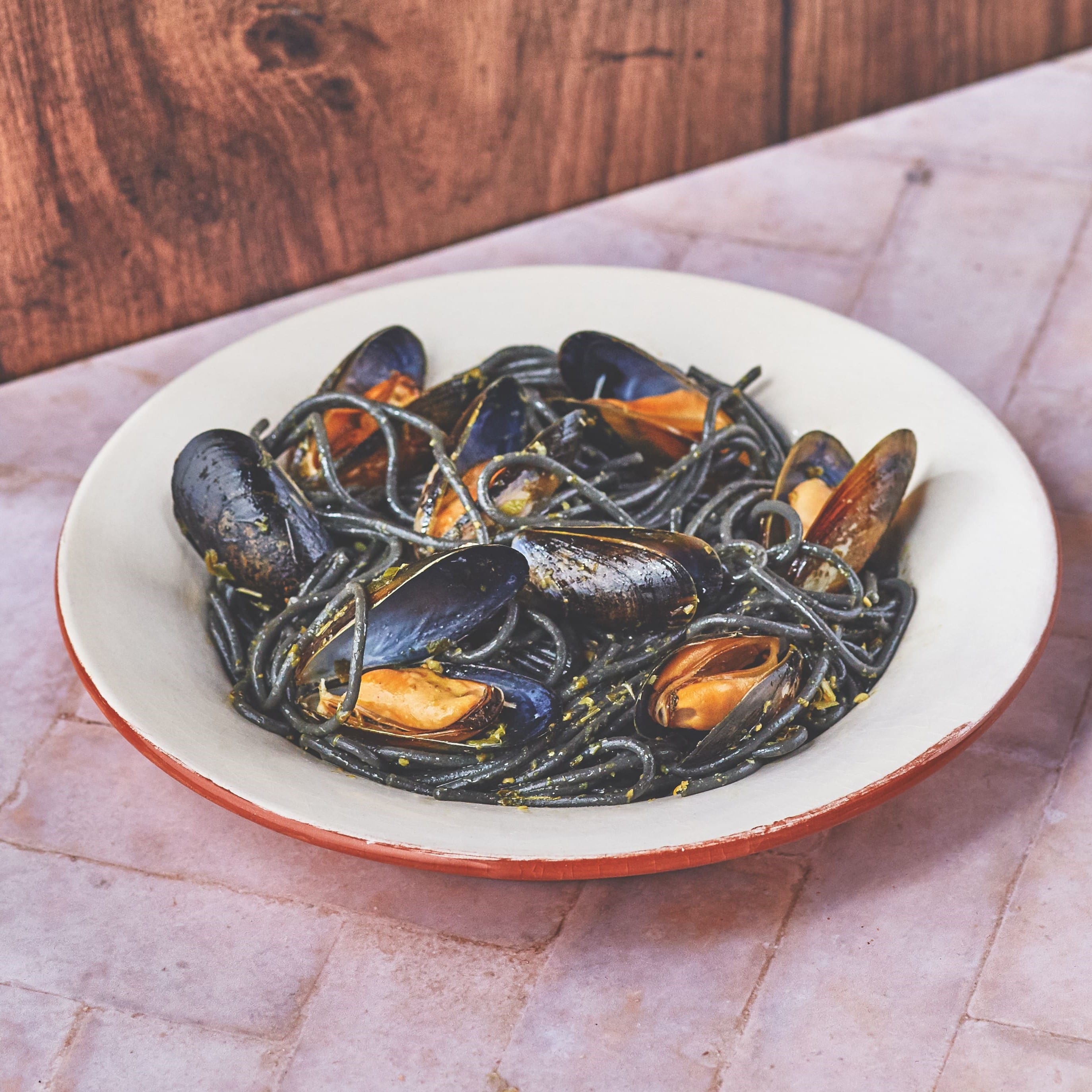 Black Spaghetti with Mussels, and Chilli and Basil Pesto