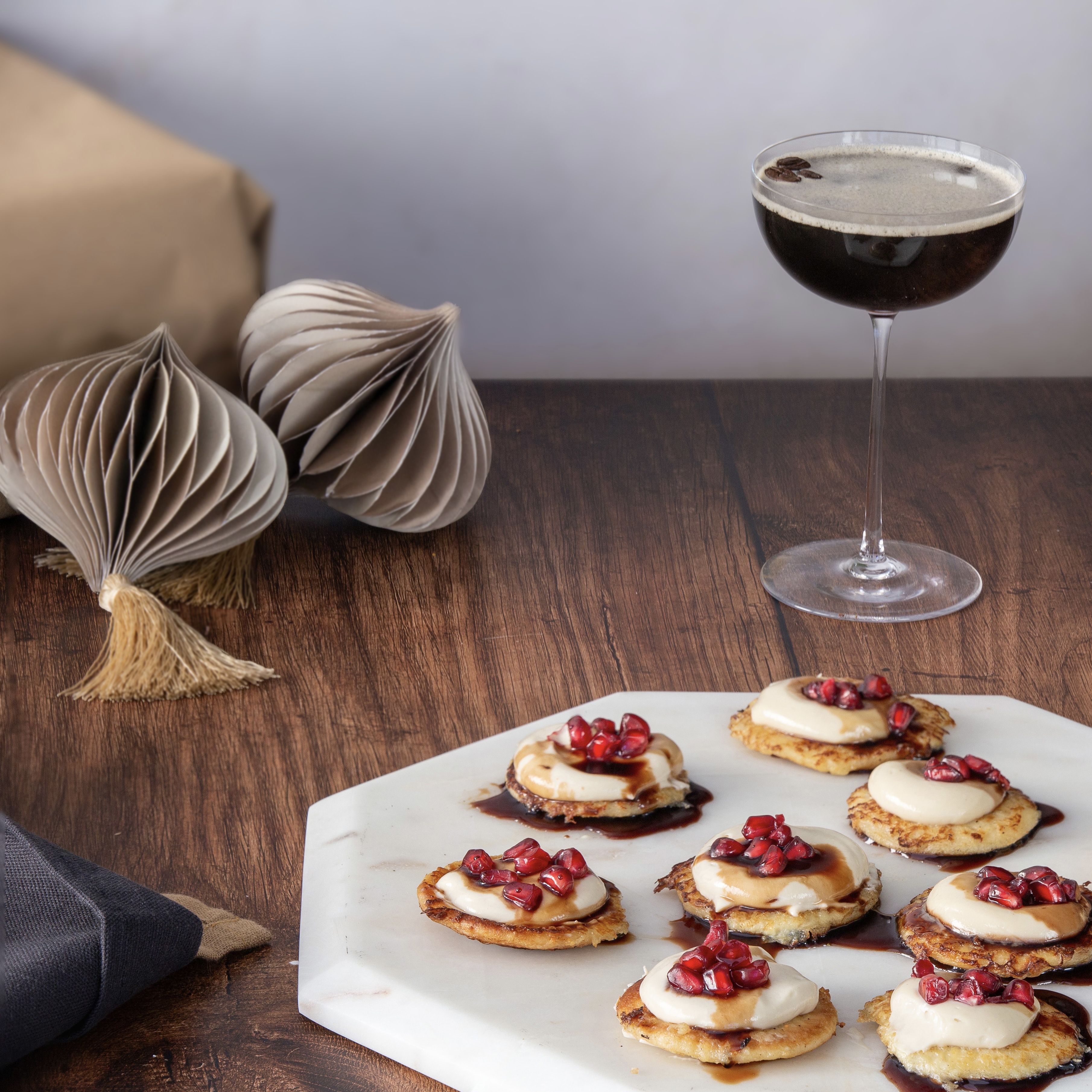 French Toast Blini with Tahini Cream and Pomegranate