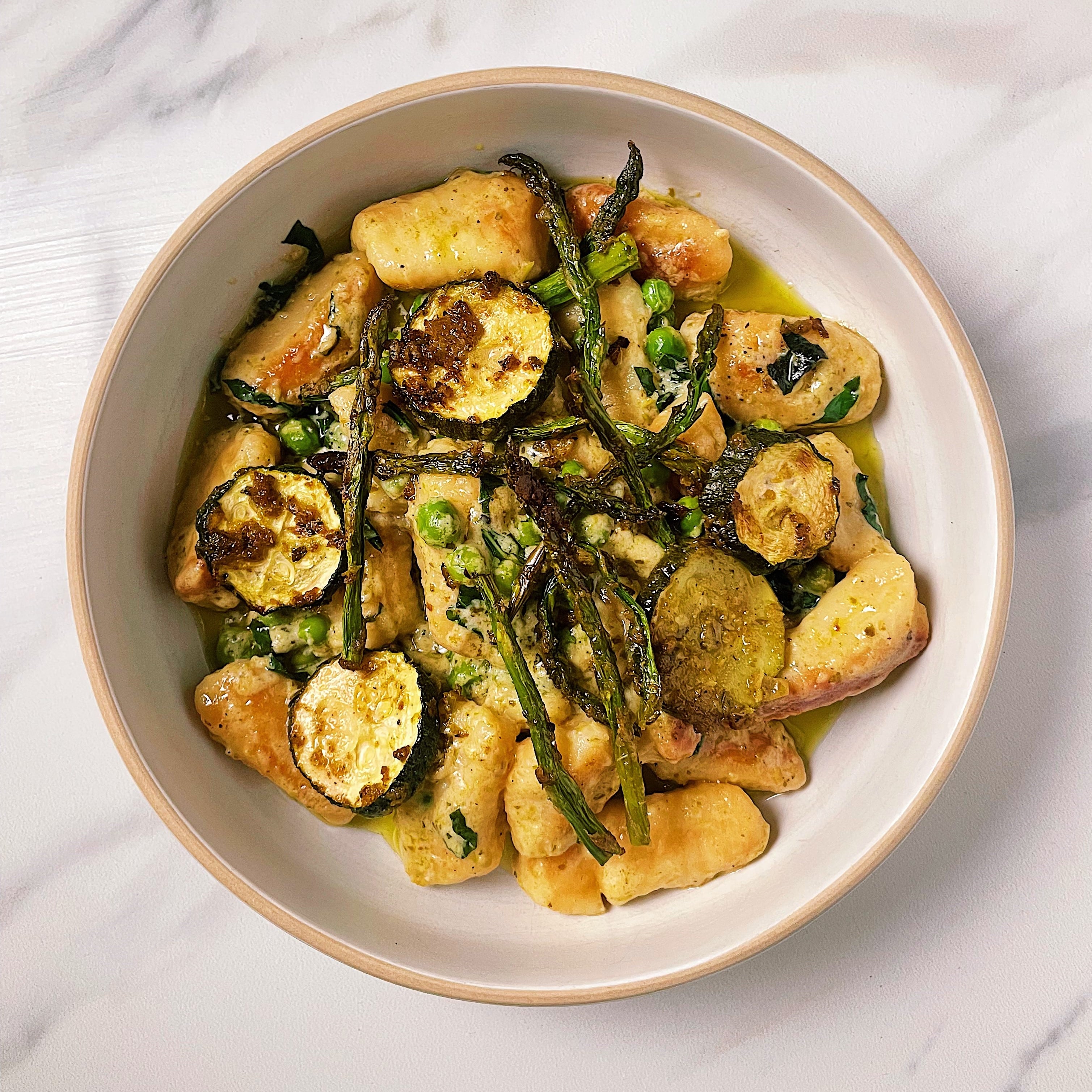 HANDMADE GNOCCHI WITH PEA & MINT PESTO AND CHERMOULA ROAST VEGETABLES