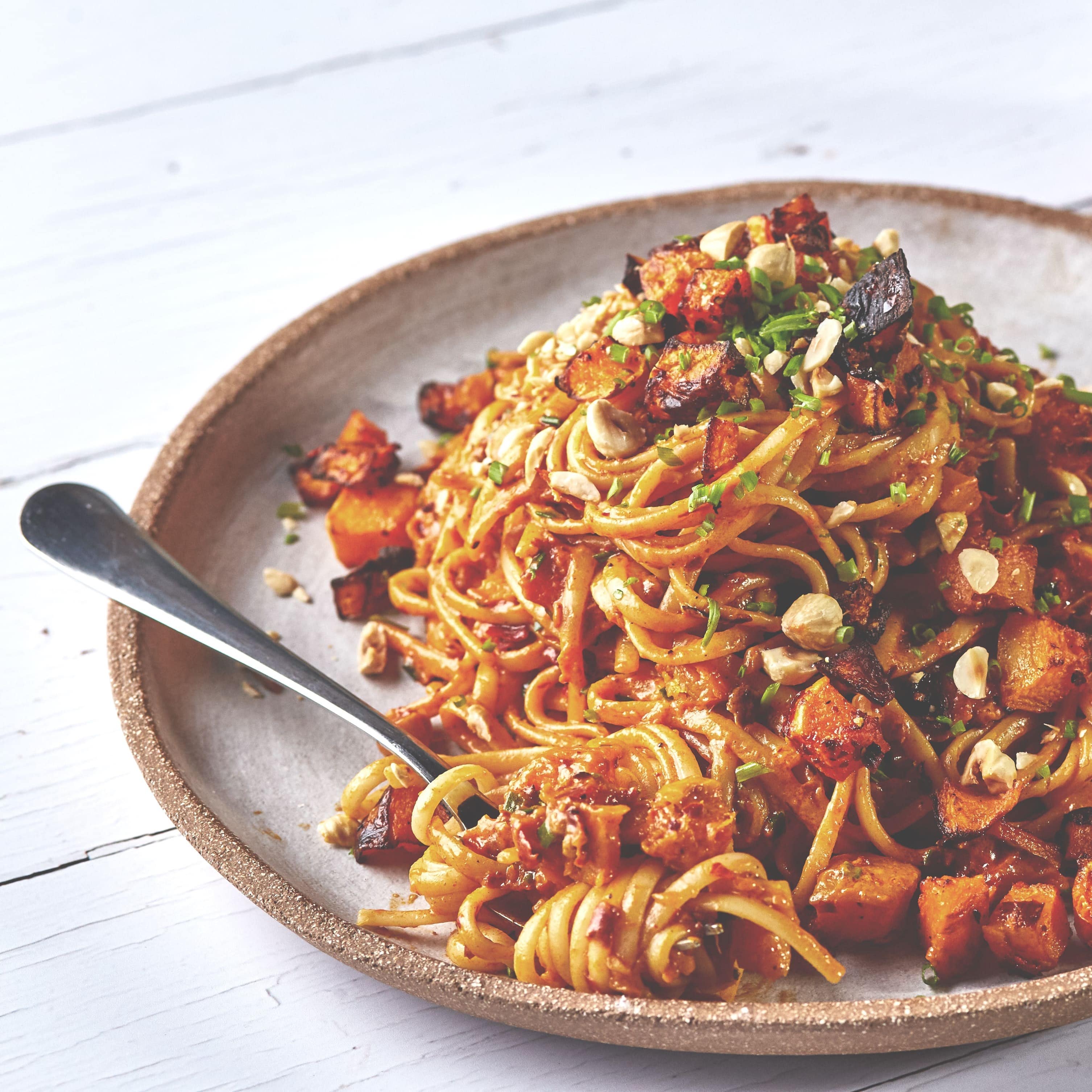 Roast Butternut Squash Linguine with Rose Harissa Pesto and Coconut Crème Fraiche