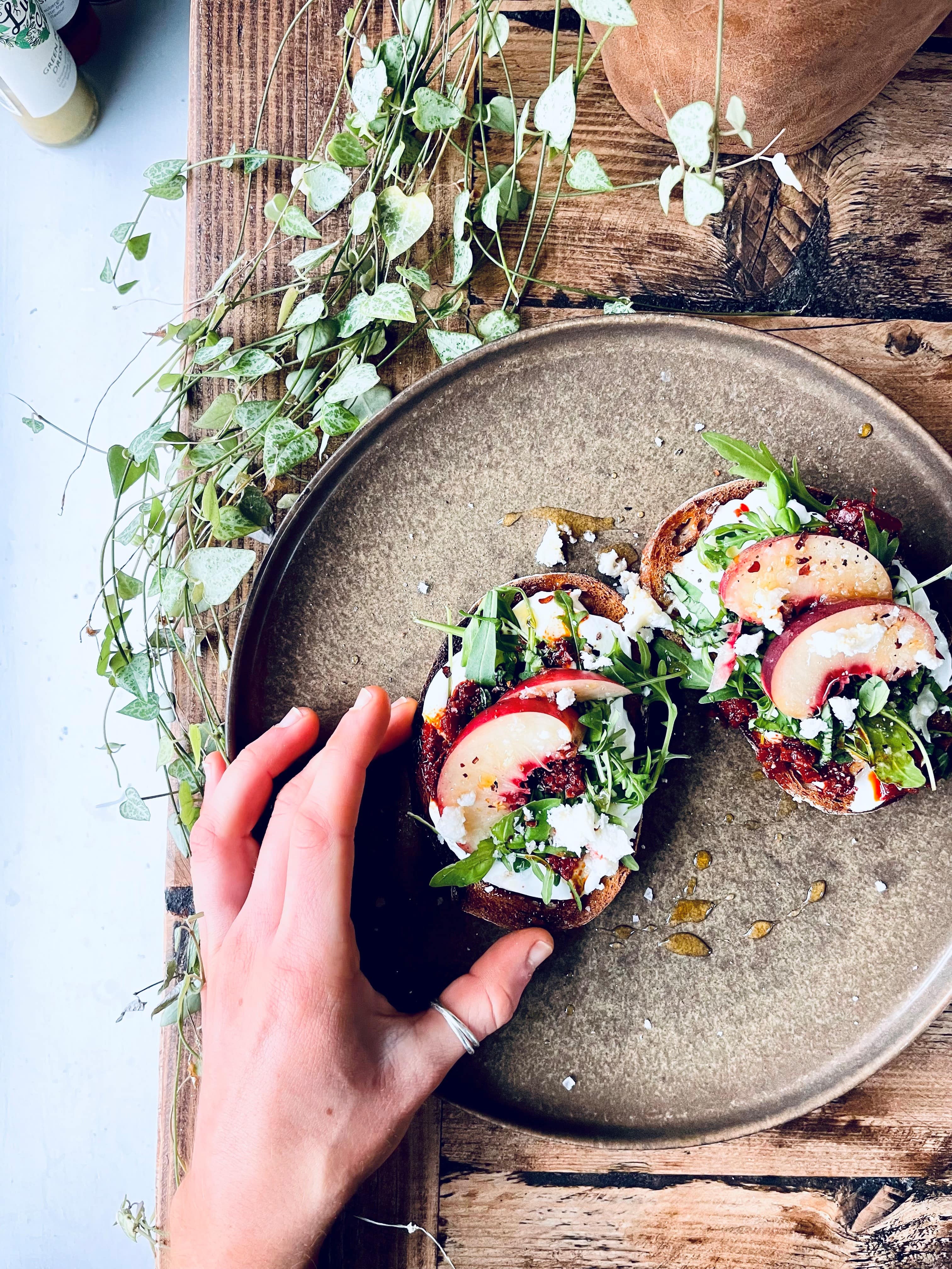 PEACHES ON SOURDOUGH TOAST WITH ROSE HARRISA AND GREEK YOGHURT