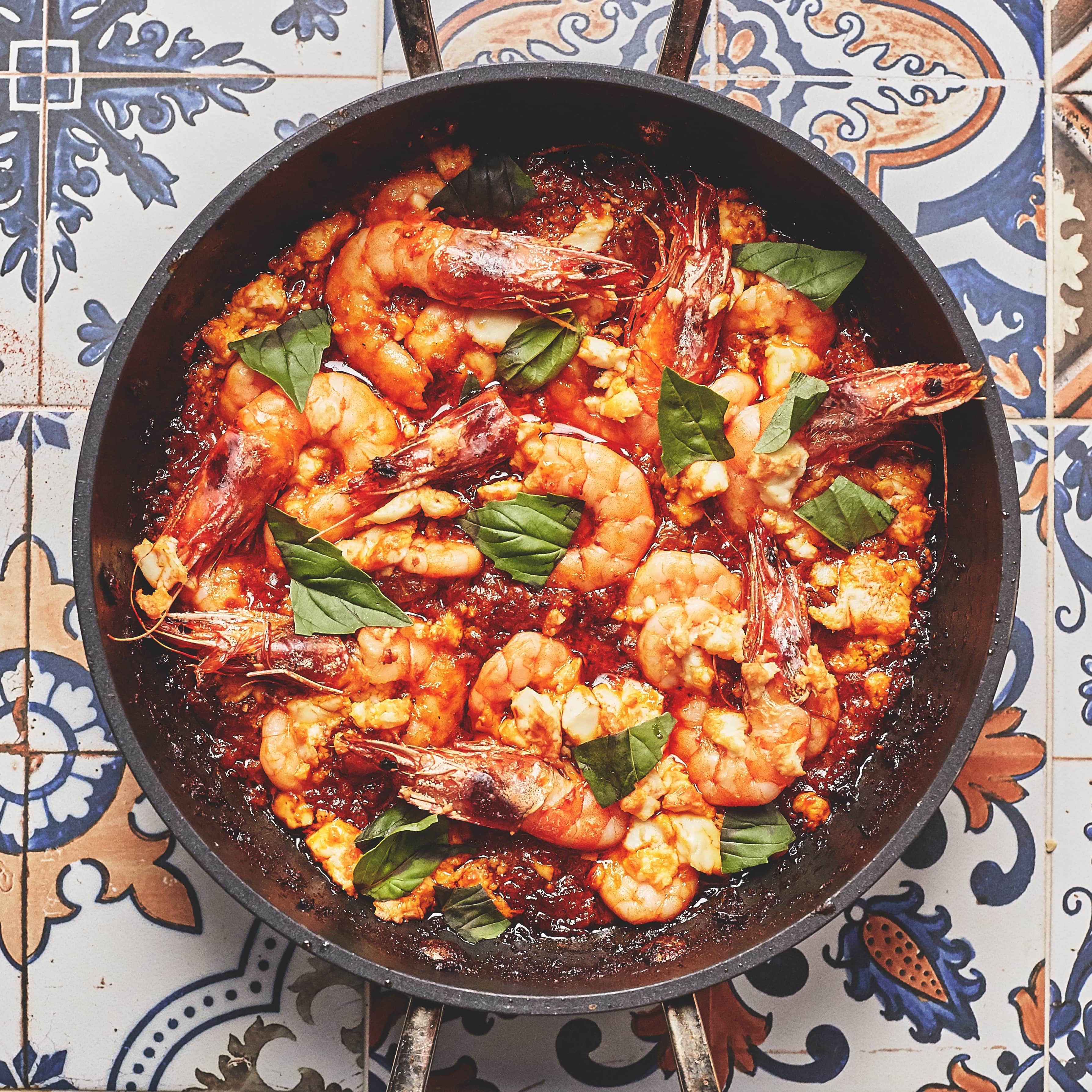 Prawn and Feta Saganaki with Rose Harissa Pesto