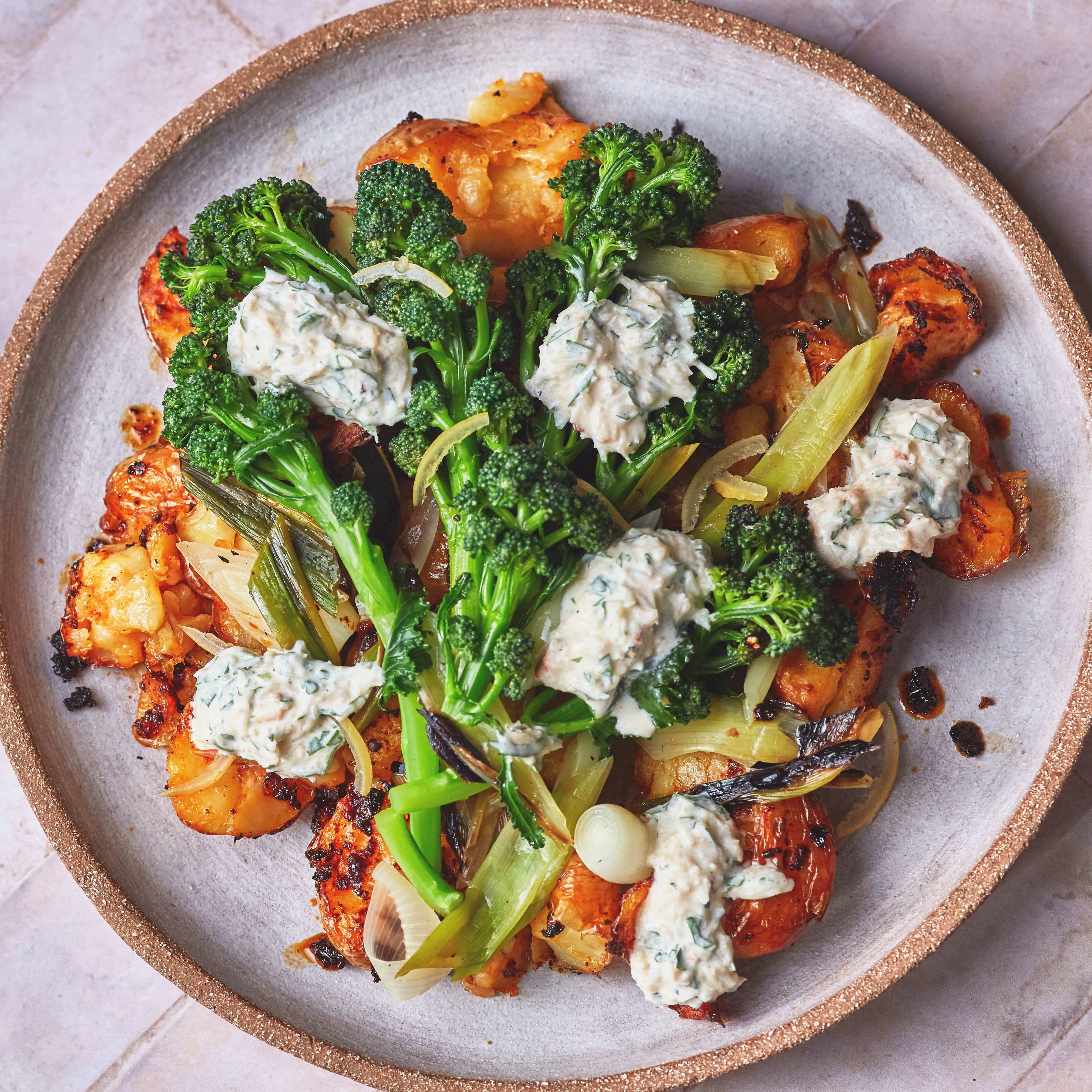 Broccoli, Smoked Chilli Harissa Potatoes and Crab Salad