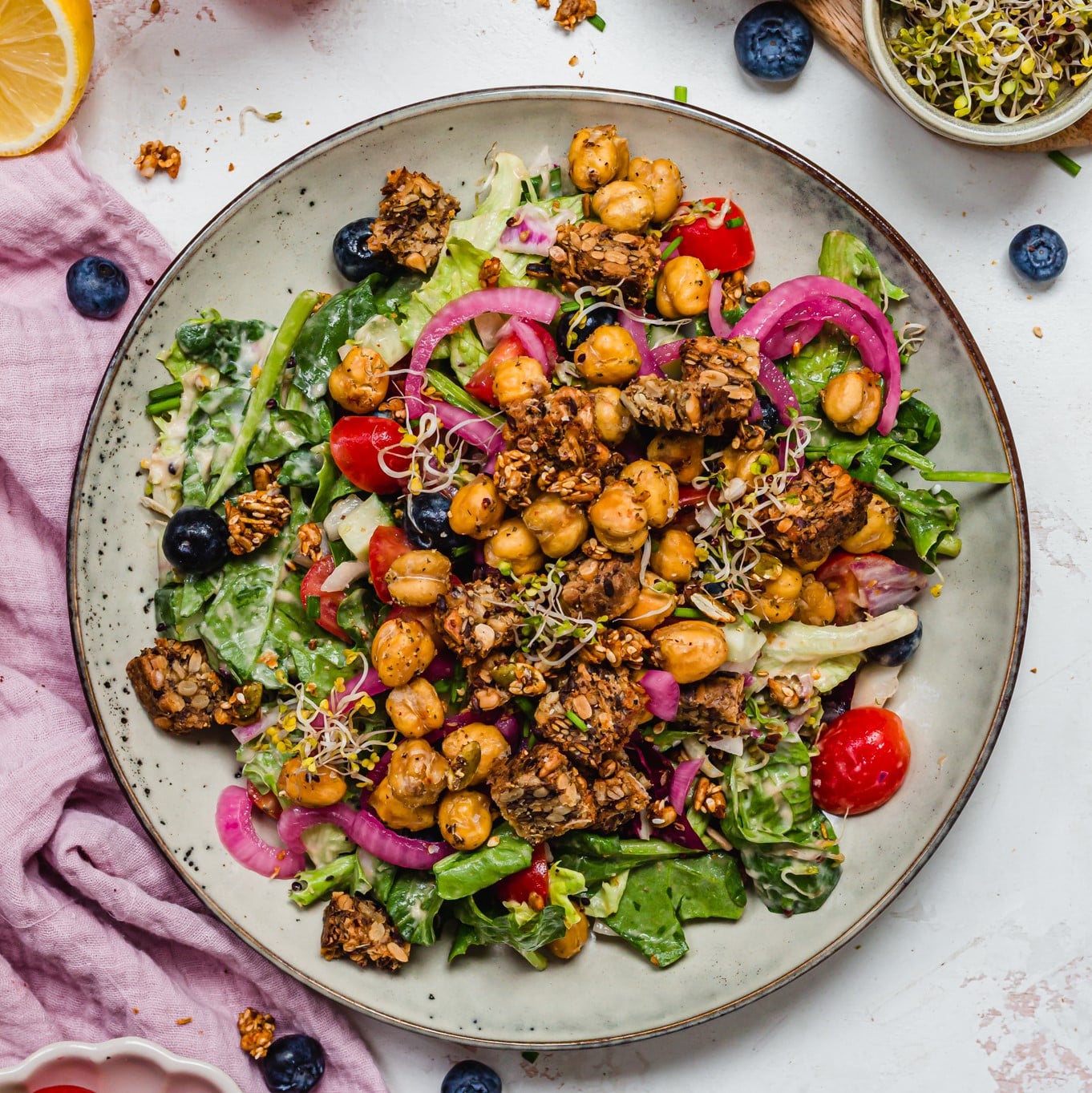 CRISPY CHICKPEA CROUTON SALAD WITH BALSAMIC DRESSING