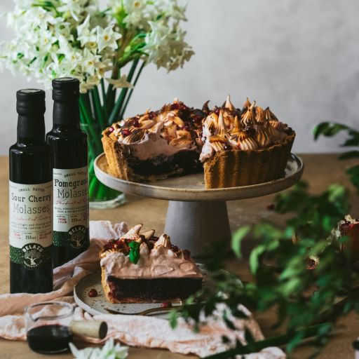 SOUR CHERRY MOLASSES CURD PIE WITH POMEGRANATE MOLASSES MERINGUE