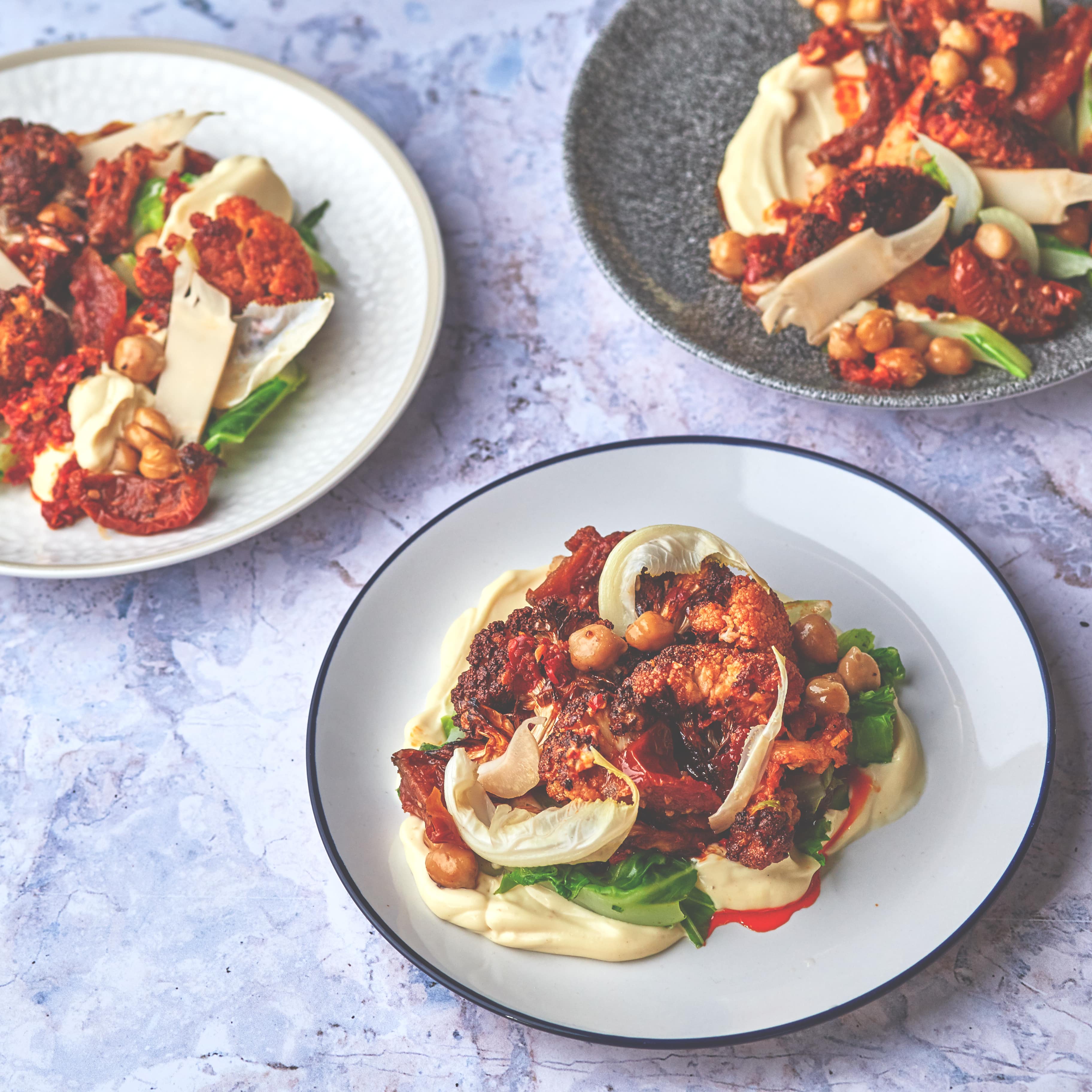 No Waste Cauliflower with Rose Harissa, Chickpeas, Semi-Dried Tomatoes and Aquafaba Mayonnaise