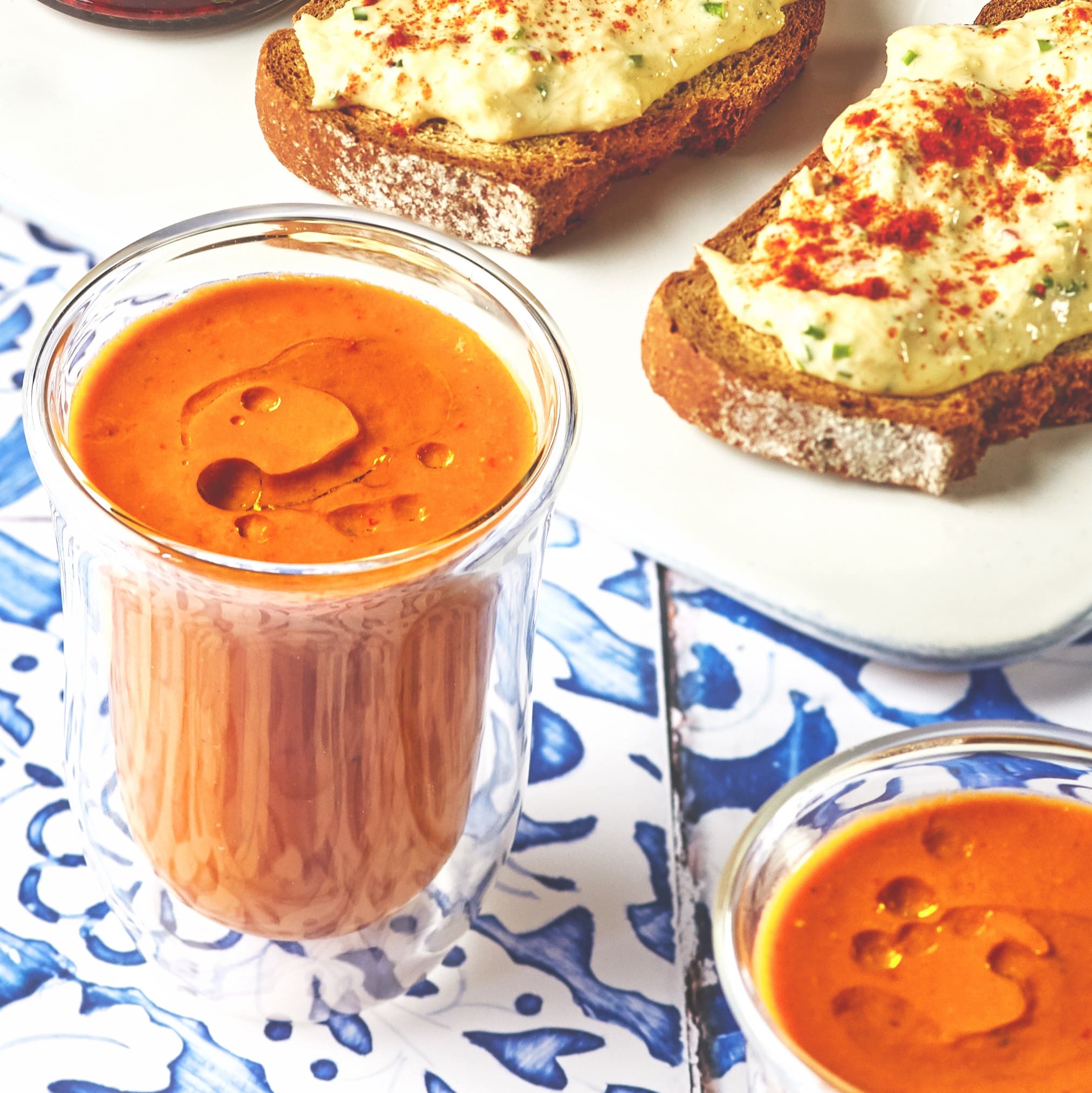 Rose Harissa Gazpacho with Crab and Aioli Toast