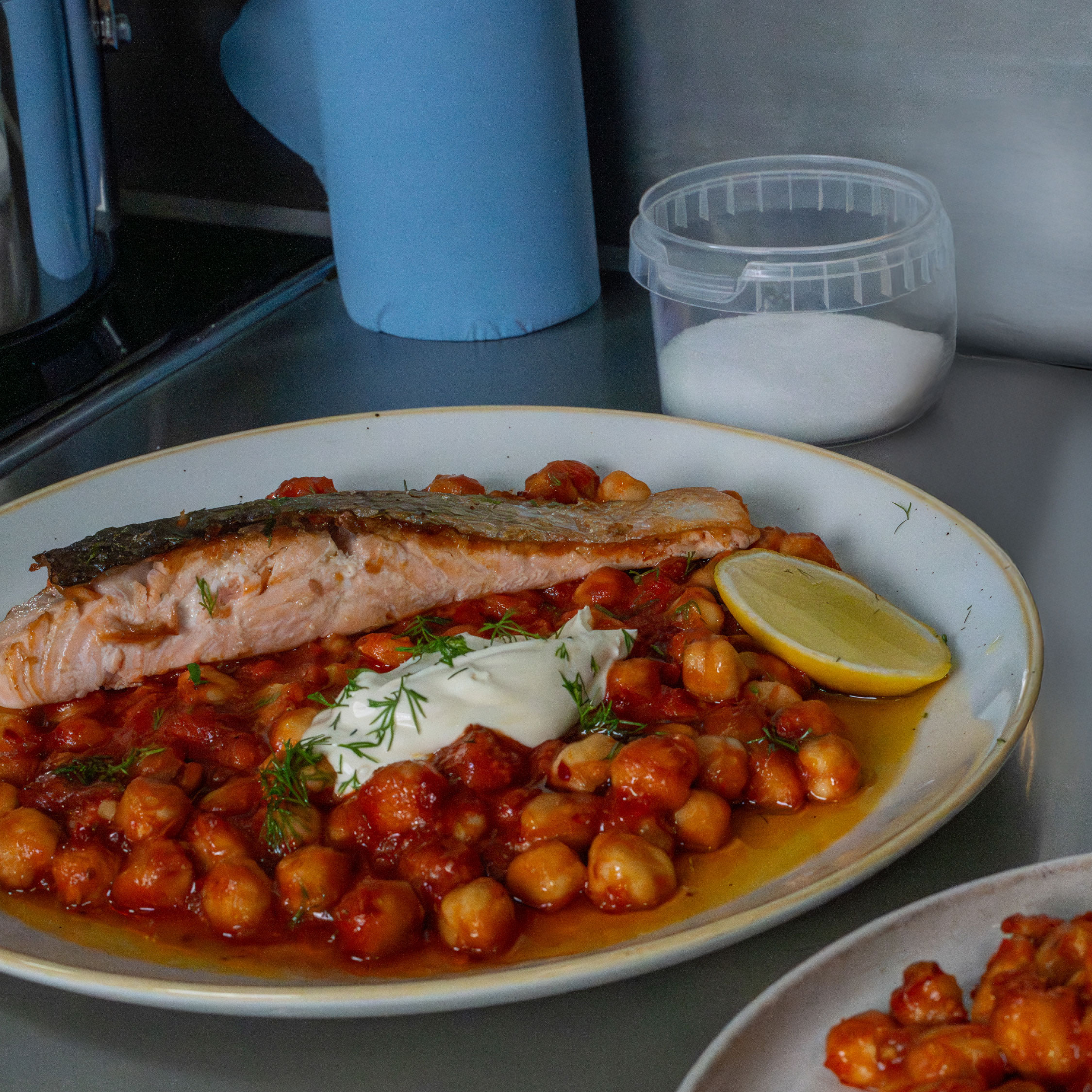 Rose Harissa Chickpeas with Salmon