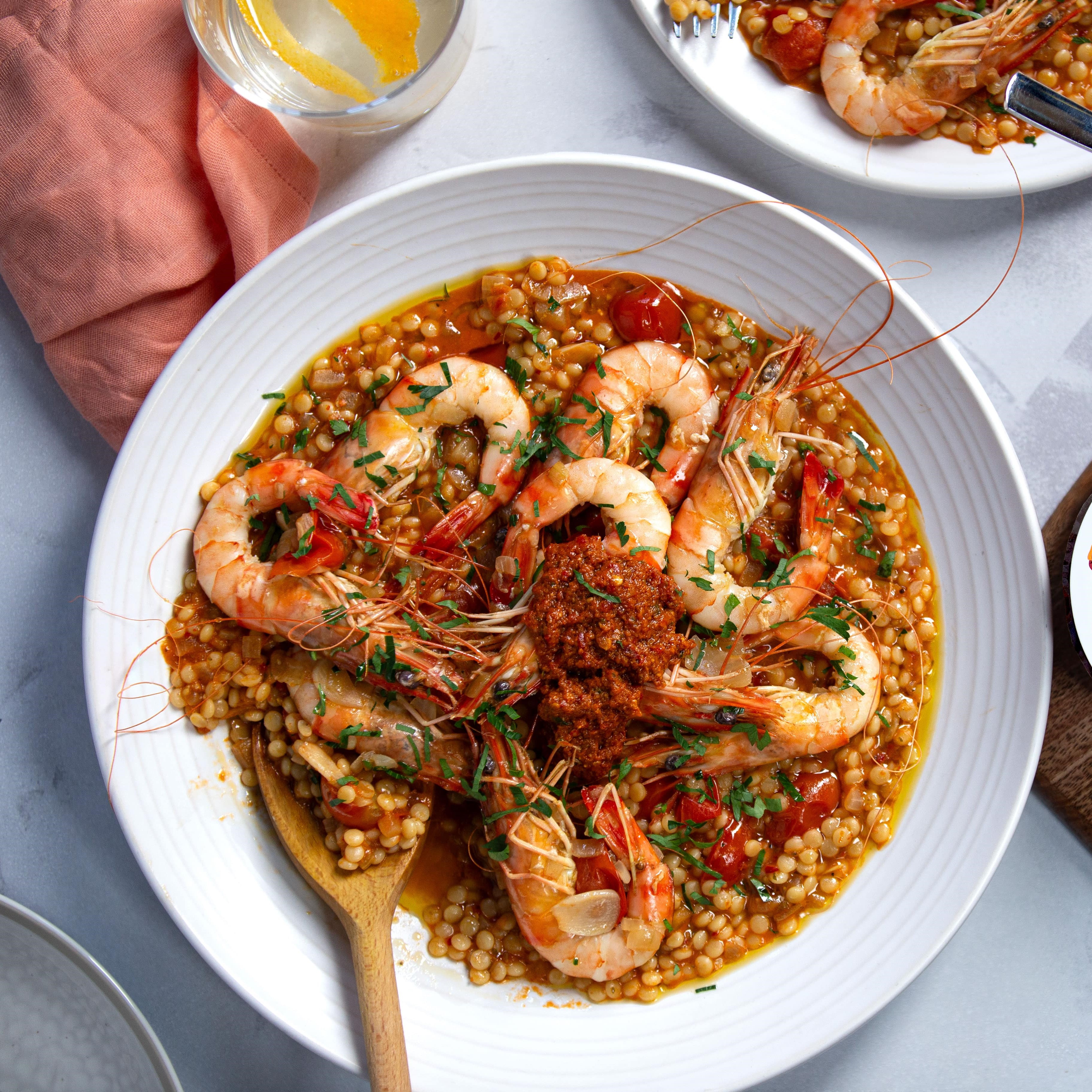 Prawns with Giant Couscous and Chilli Pesto