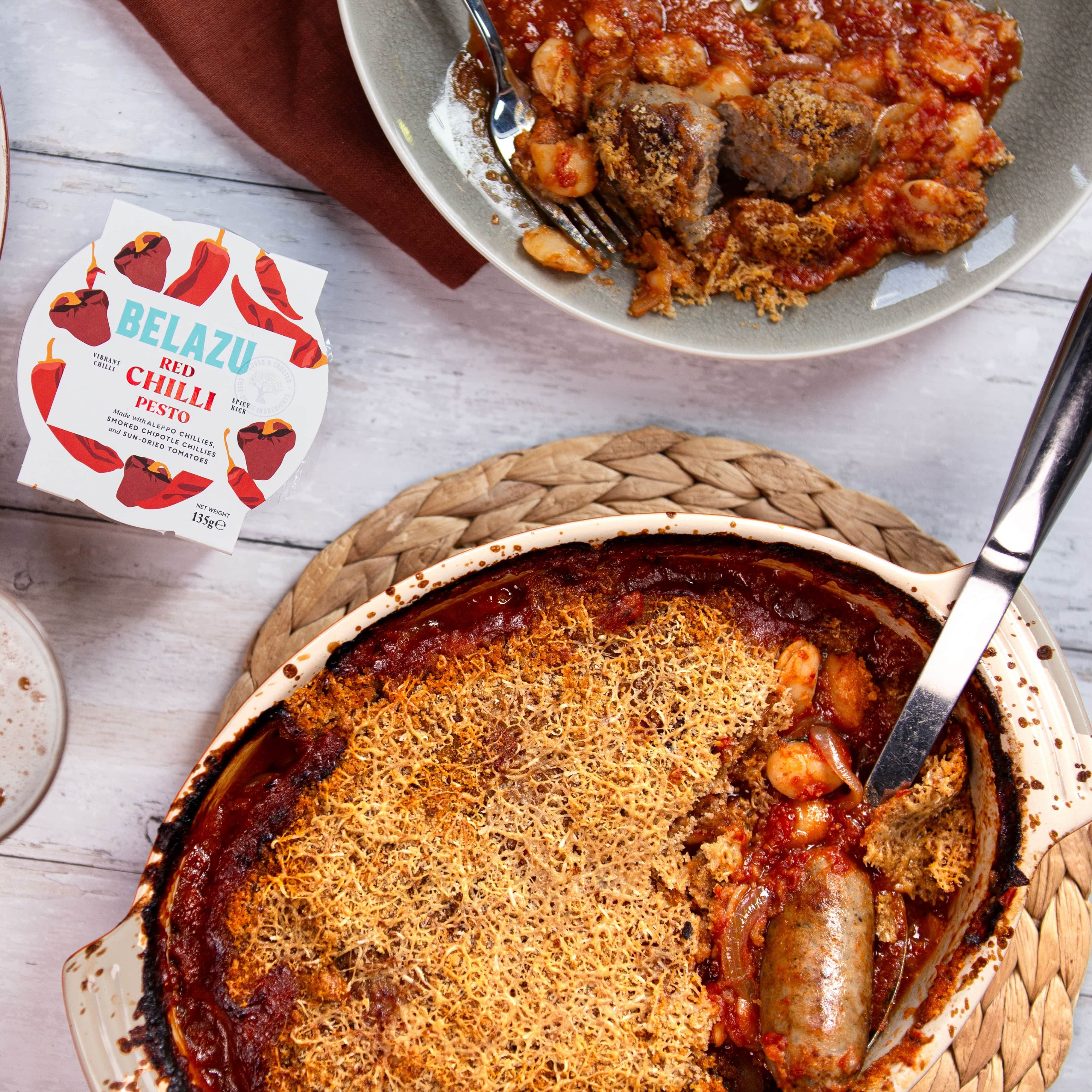 Chilli Pesto Sausage and Bean Casserole with Baked Potato