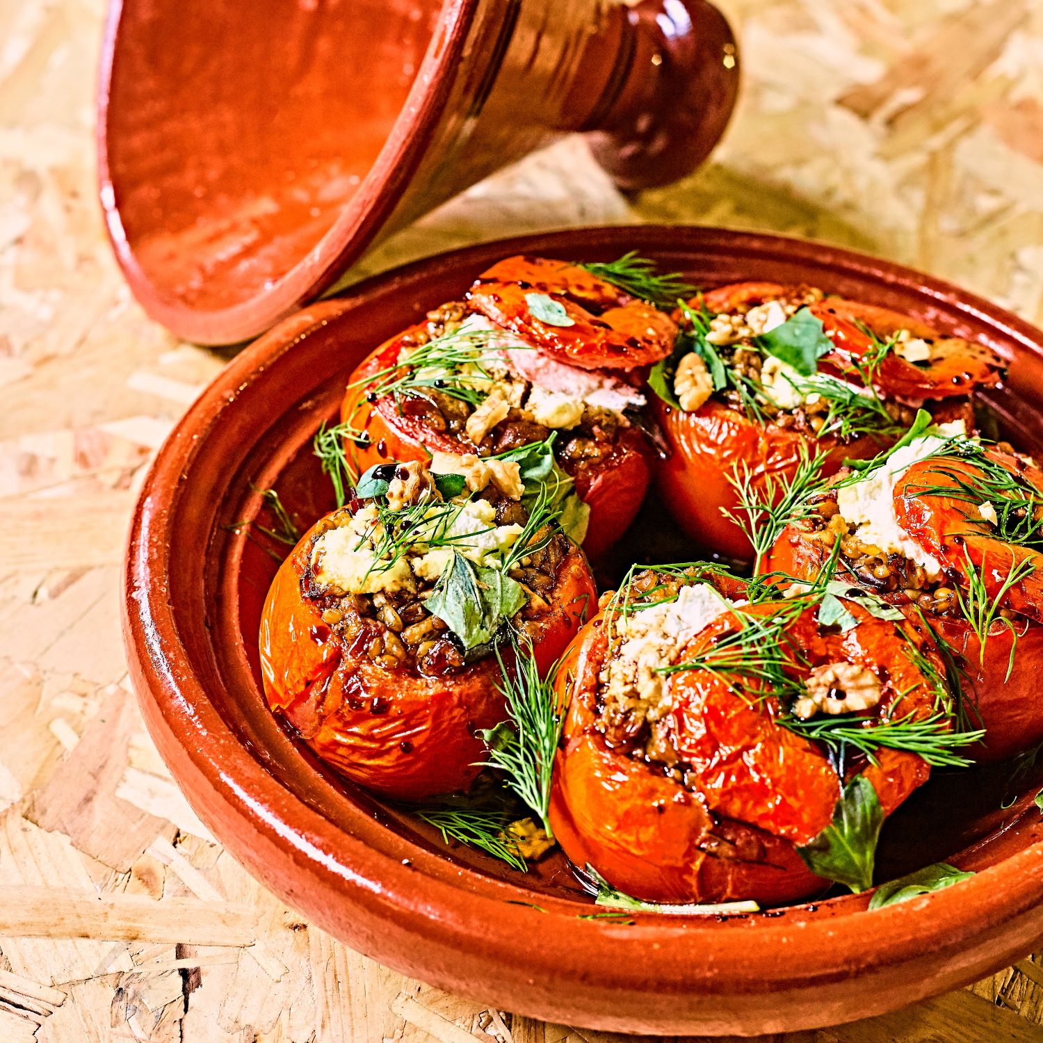 Tomatoes Stuffed with Freekah, Lentils, Chermoula, Smokey Semi Dried Tomatoes, Walnuts and Cream Cheese.