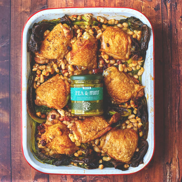Chicken, Spring Greens, Cannellini Beans and Pancetta Tray Bake with