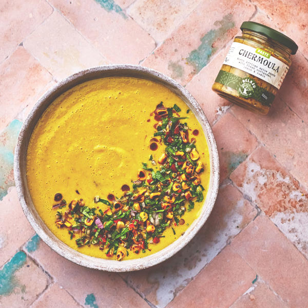 Fresh Sweetcorn Soup with Chermoula and Burnt Corn Salsa Belazu