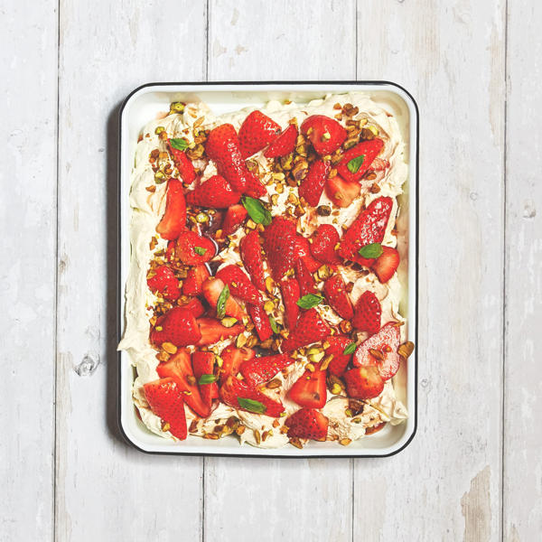 Strawberries, fig leaf vinegar, fresh basil and whipped cream Belazu Ingredient Company