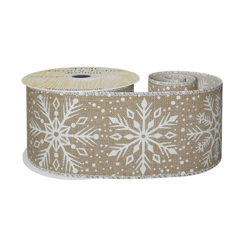 Natural Ribbon with White Snowflakes (63mm x 10yds)  Natural Ribbon with White Snowflakes (63mm x 10yds)