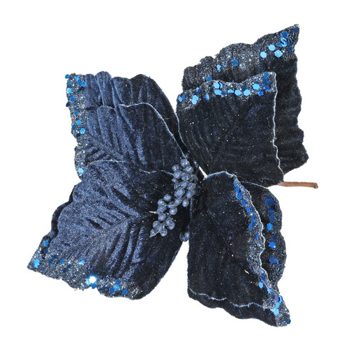 Navy Velvet Poinsettia with Glitter Edge (Dia24cm) Navy Velvet Poinsettia with Glitter Edge (Dia24cm)