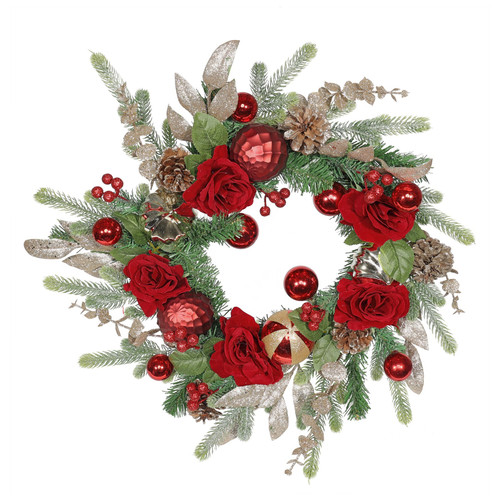 Red Rose & Gold Bauble Wreath (60cm)