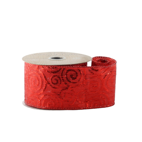 Red Wired Edge Metallic Ribbon with Swirl  (63mm)