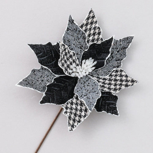 Black Patterned Fabric Poinsettia Pick (64cm)