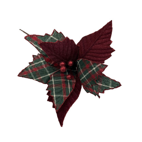 Red Poinsettia Pick with Tartan Pattern (26cm)
