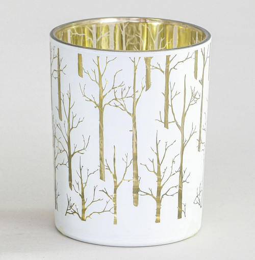 White & Gold Tree Pattern Glass Votive Candle Holder (12cm)