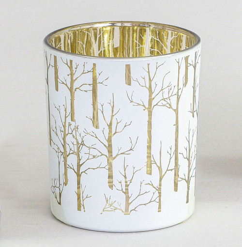 White & Gold Tree Pattern Glass Votive Candle Holder (10cm)