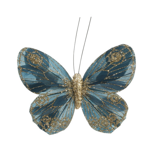 12cm Petrol Green Feather & Glitter Butterfly (Pack of 12)