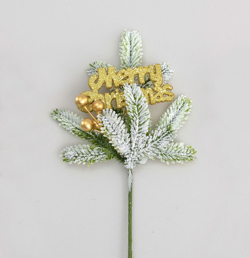 Flocked Pine Gold Merry Christmas Pick (30cm)