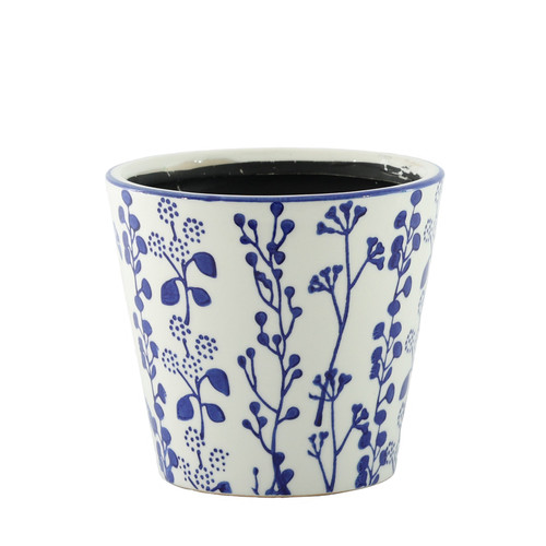 Hortus White & Blue Perth Floral Pot (19cm H x 20cm Dia)