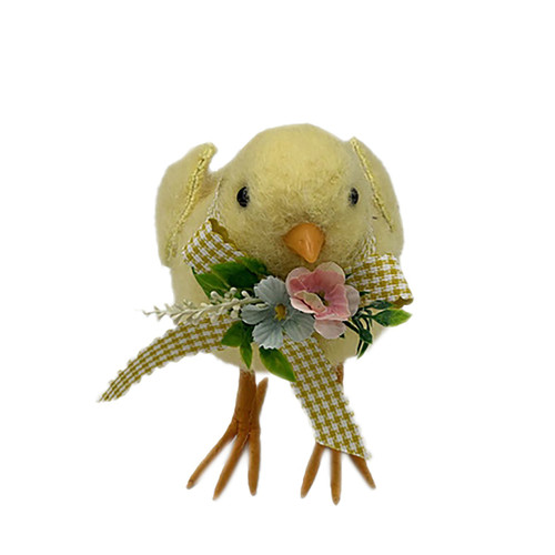 Chick with Gingham Bow & Flowers