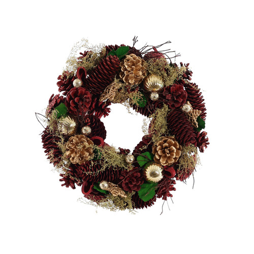 Burgundy Cone & Gold Bauble Wreath (30cm)