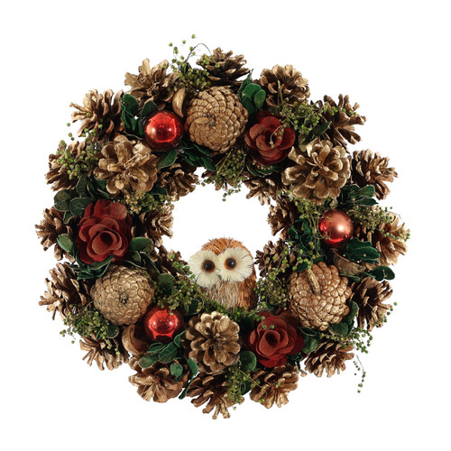 Green Christmas Wreath with Bird, Cones & Baubles (36cm)