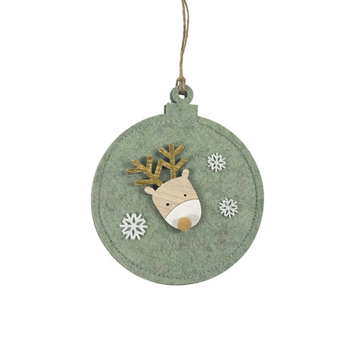 Sage Green Flat Felt Bauble with Wooden Reindeer